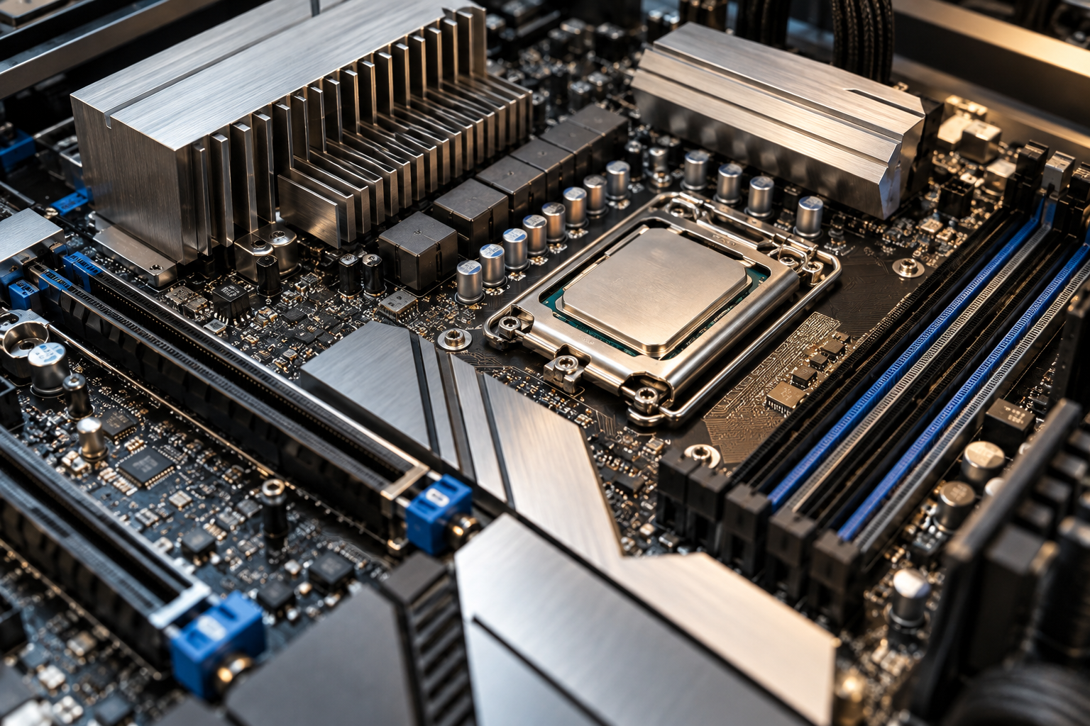 Close-up of a modern computer motherboard and precision components