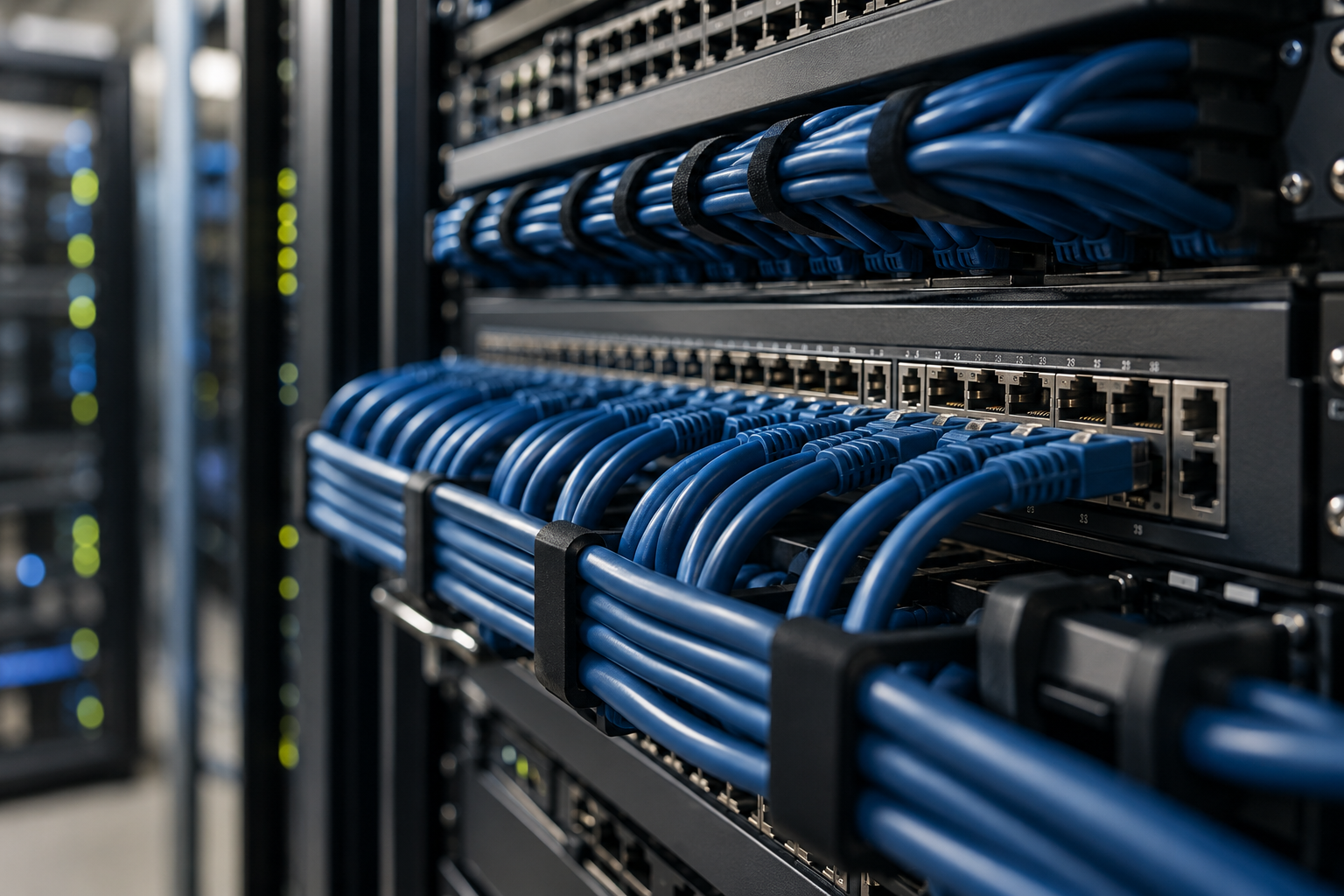 Organized blue network cables and business networking equipment