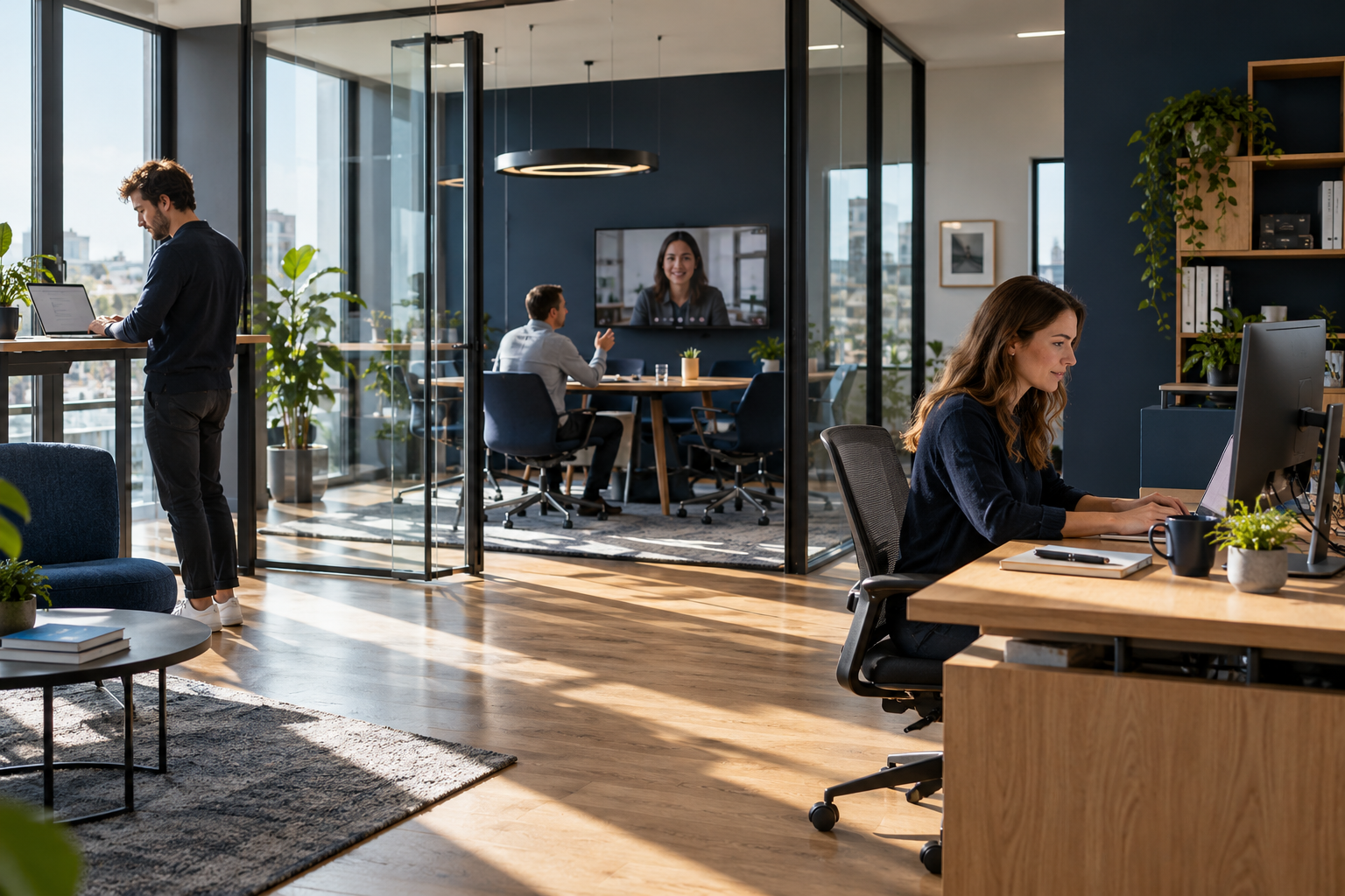 People working and collaborating in a connected modern office